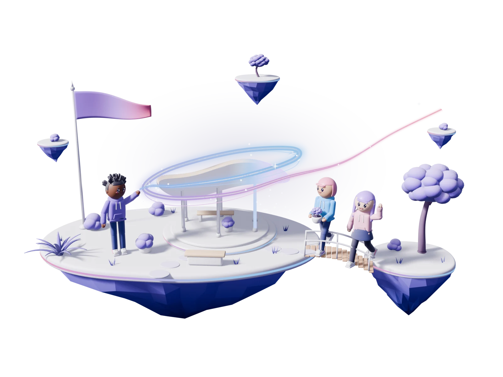 A host raises a new pavilion of light on their own floating island while friends arrive