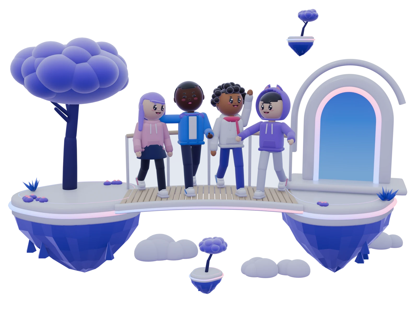 Four friends cross a bridge between two floating islands together