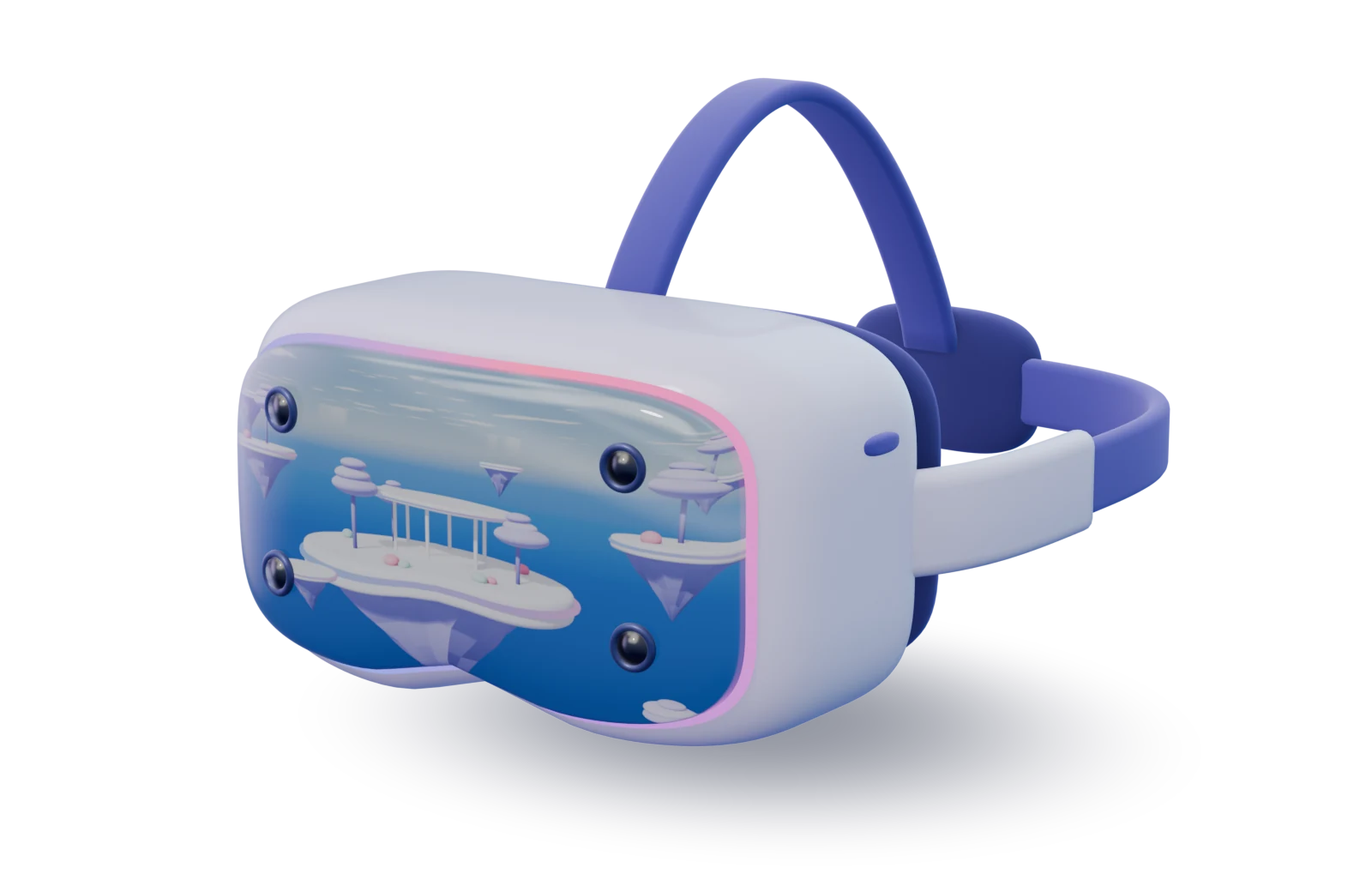 A VR headset reflecting NodeWorld's floating islands